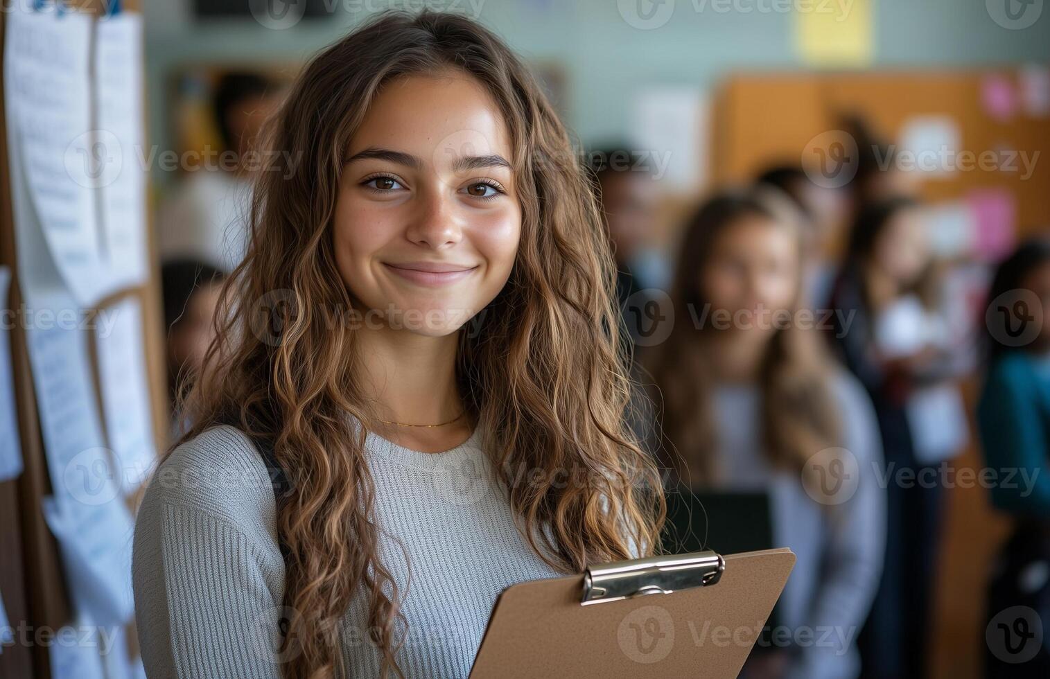 Female teacher smiling at camera holding clipboard with students doing homework in classroom setting photo