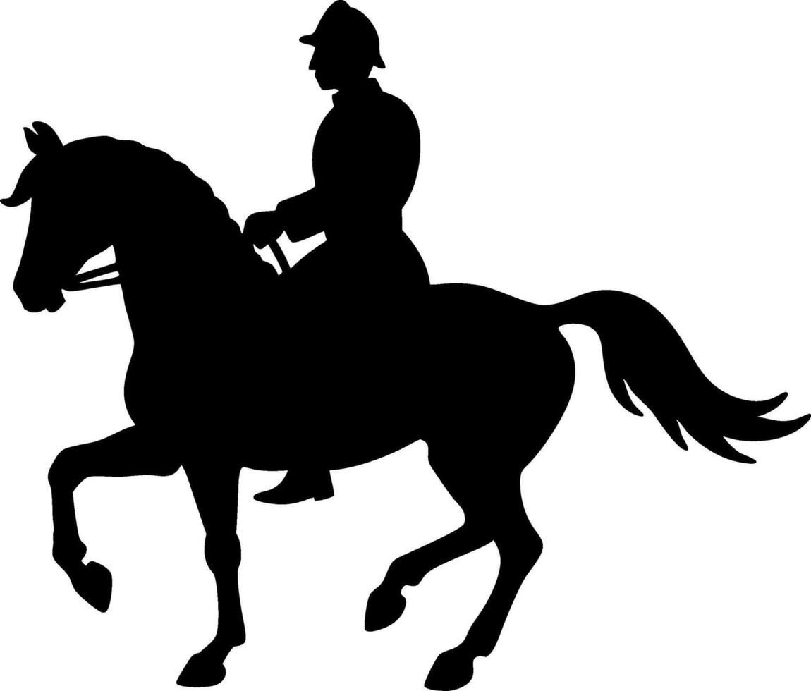 Isolated black silhouette of a military rider on a prancing horse on a white background vector