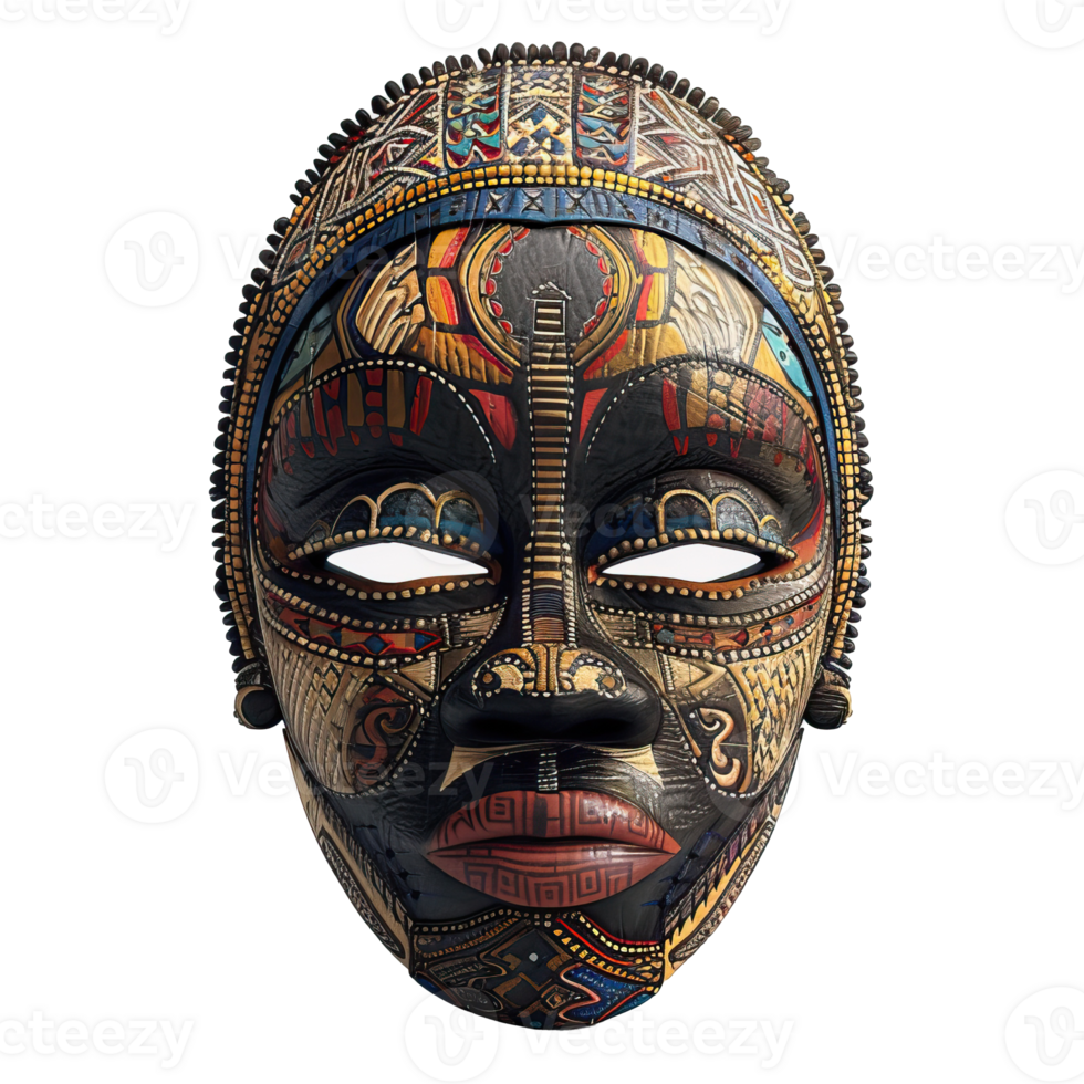 Ornate Wooden Mask with Geometric Patterns and White Eyes png