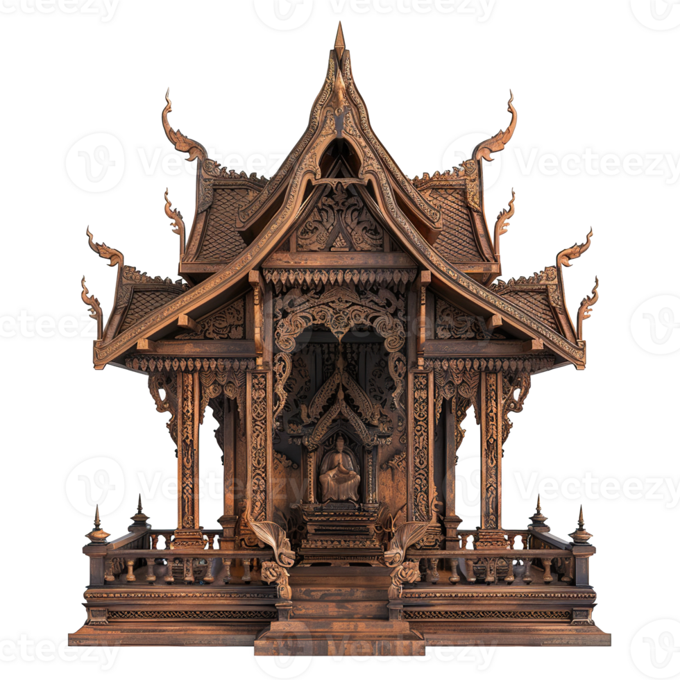 Intricately Carved Wooden Shrine with a Buddha Statue png