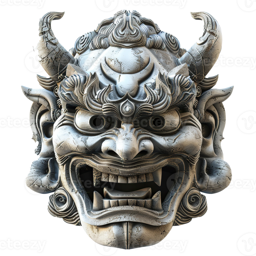 Stone Sculpture of a Ferocious Demon Mask with Intricate Detailing png