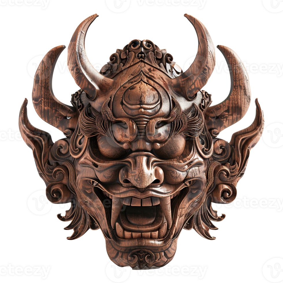 Intricately Carved Wooden Mask with Ferocious Expression png