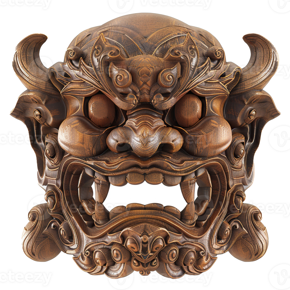Intricately Carved Wooden Mask with Ferocious Expression png