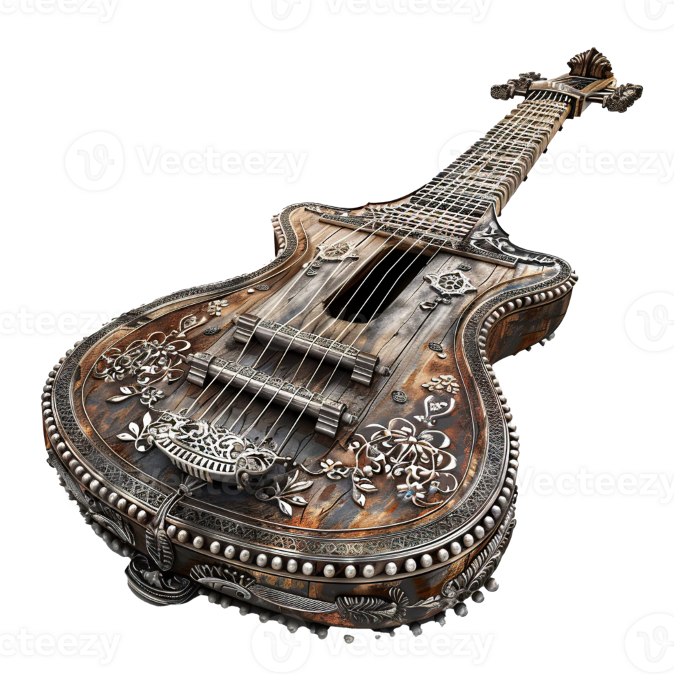 Ornate, Aged, and Detailed Wooden Guitar png