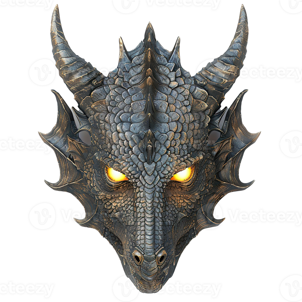 A Detailed Dragon Head Sculpture with Glowing Eyes png
