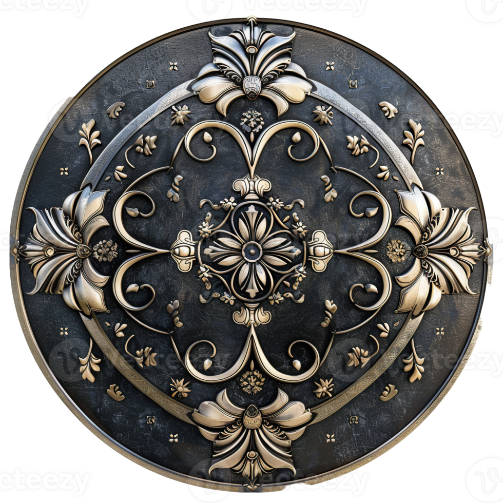 Ornate Circular Metal Panel with Embossed Floral Design png