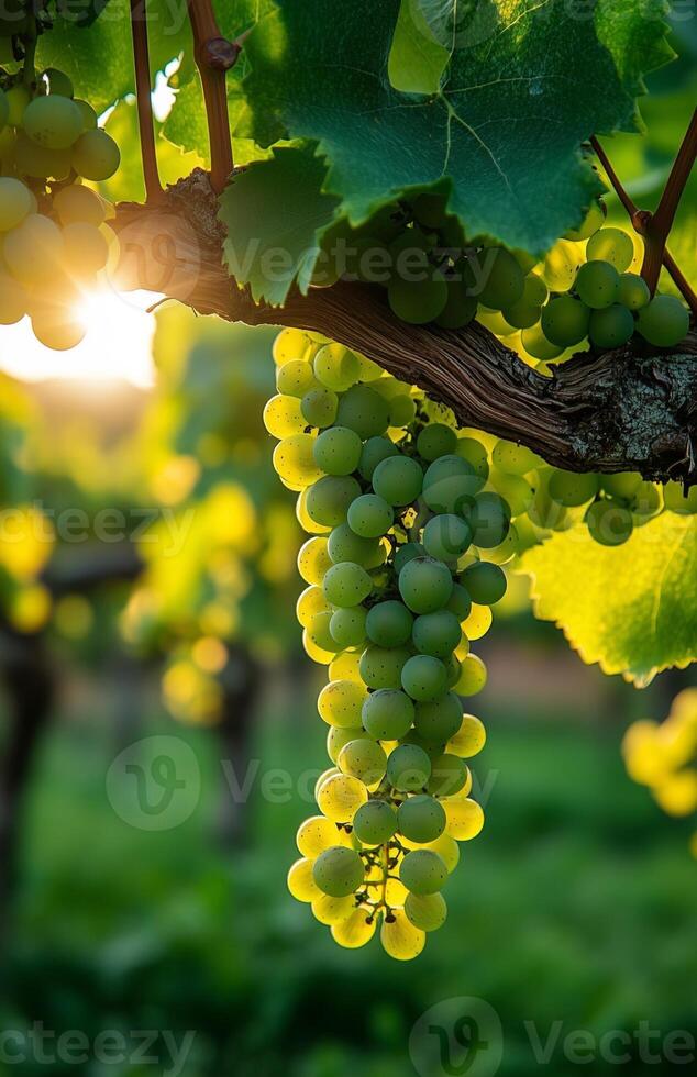 Green grapes hang from the vineyard branches in the warm sun, ready for harvest photo