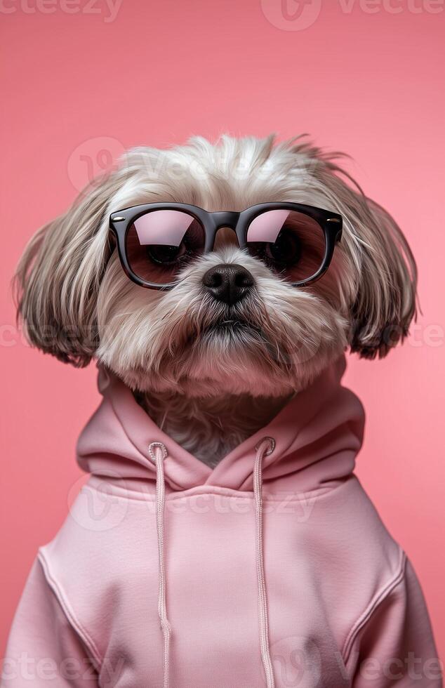 Cute shih tzu dog in pink sweatshirt and sunglasses on pastel background photo