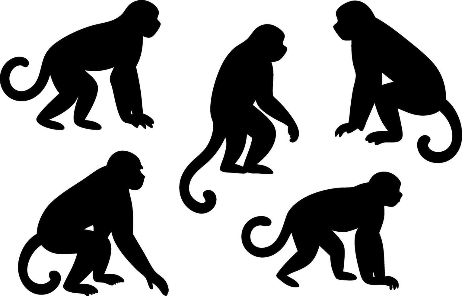 A set of monkey silhouettes on a white background. Perfect for designs about animals, nature, wildlife, primates, monkeys, apes, jungle, rainforest, conservation, and education vector