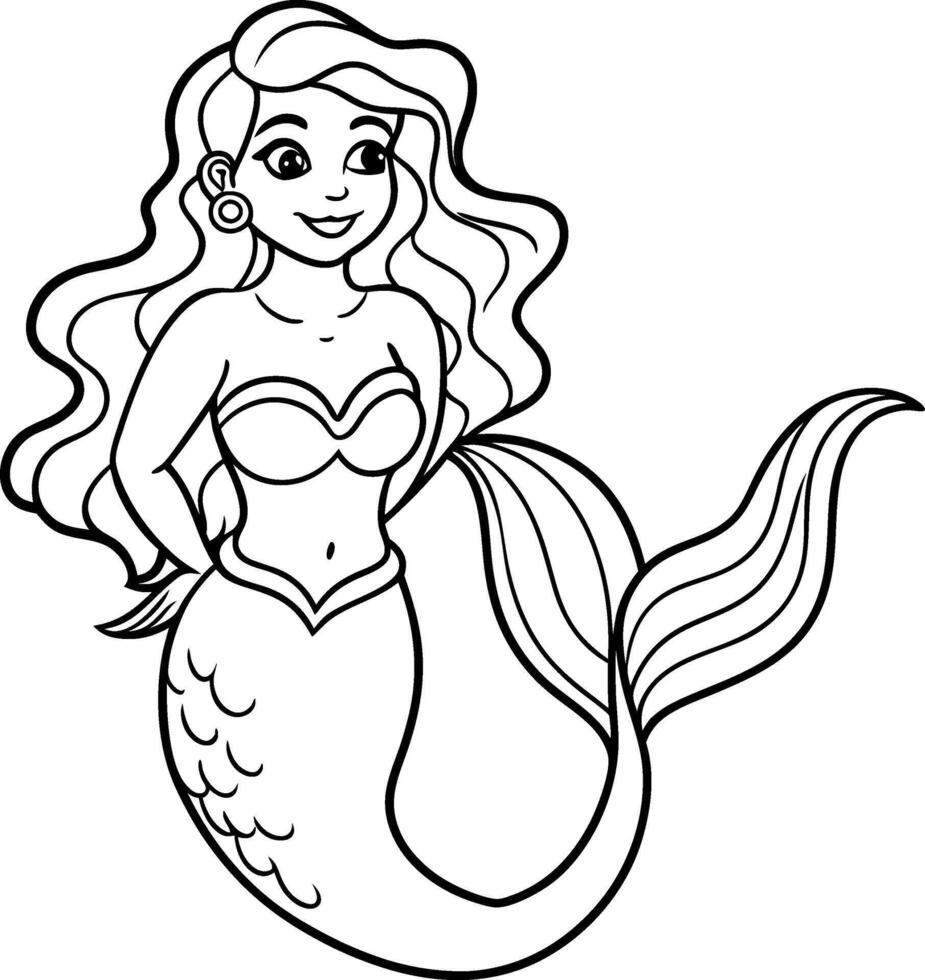 Hand-drawn illustration of kawaii mermaid princess coloring page for kids and adults vector
