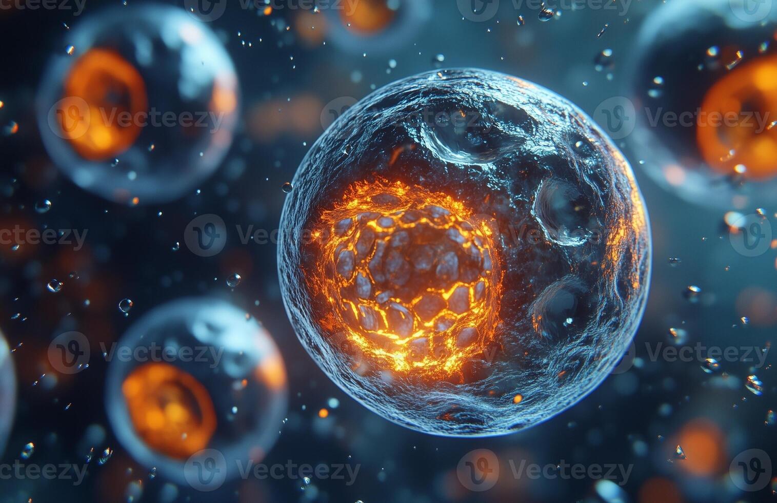 Cells and medical elements, showing cell structures suspended and floating in a transparent medium photo