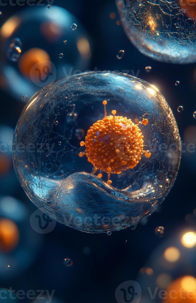 Cells and medical elements, showing cell structures suspended and floating in a transparent medium photo