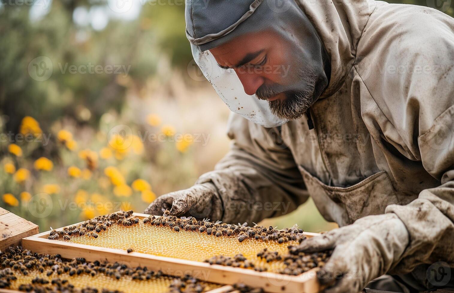 A beekeeper wearing protective gear tends to a honeycomb on a beehive at a bee farm photo