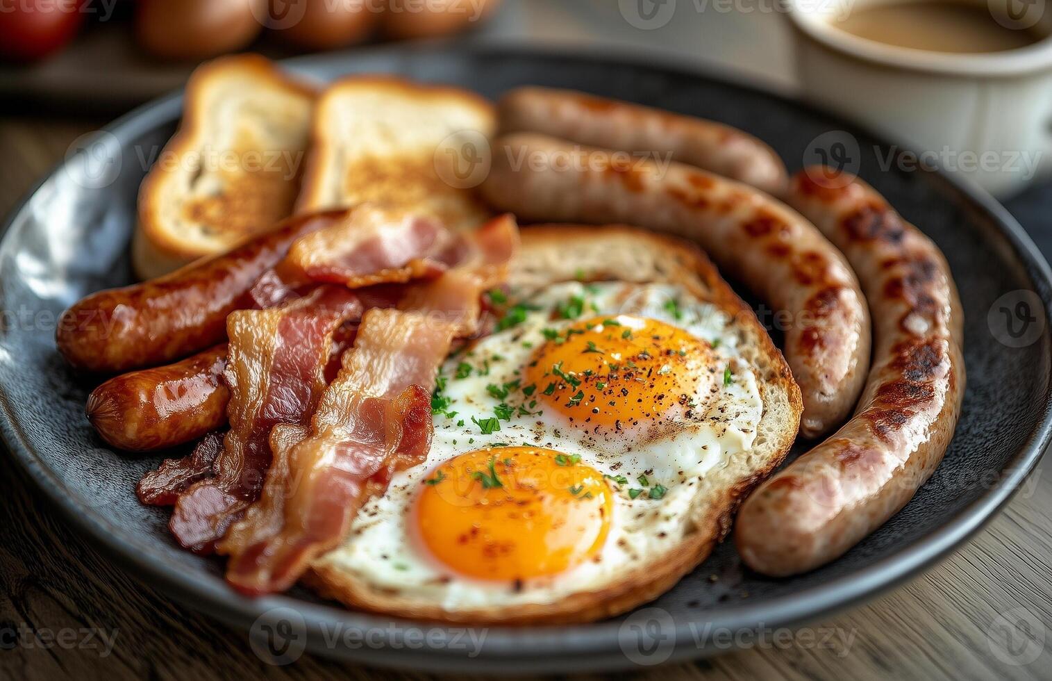 A plate of bacon, eggs, toast, and sausages, served together for a hearty breakfast photo