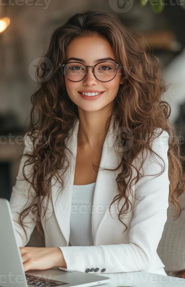 A cheerful woman with dark brown hair and glasses sits at her desk working on her laptop photo