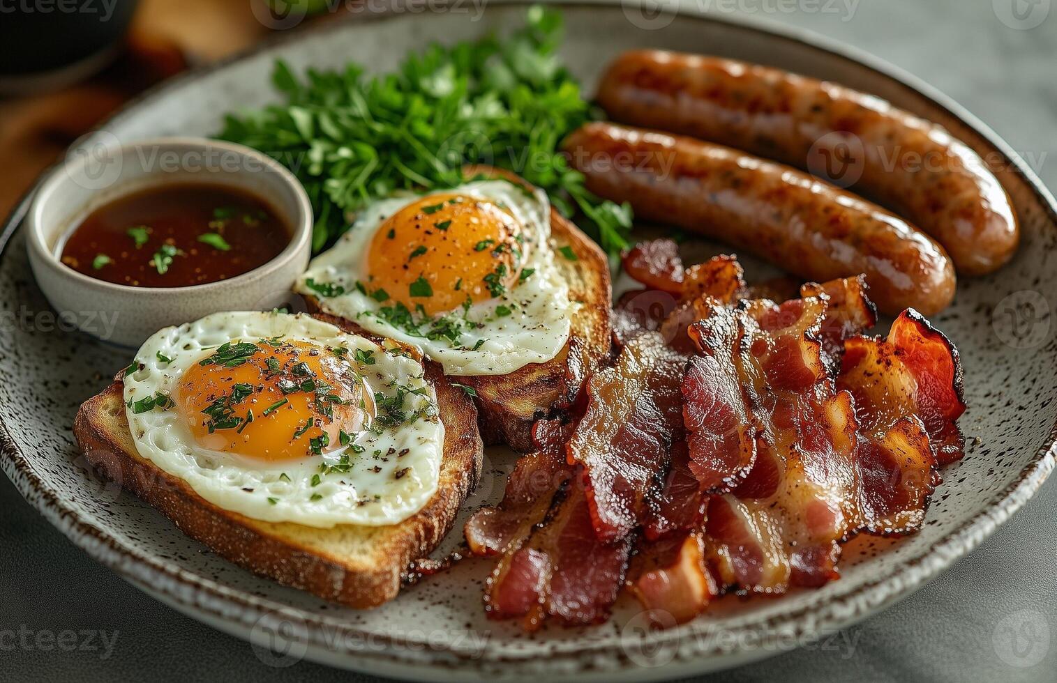 A plate of bacon, eggs, toast, and sausages, served together for a hearty breakfast photo