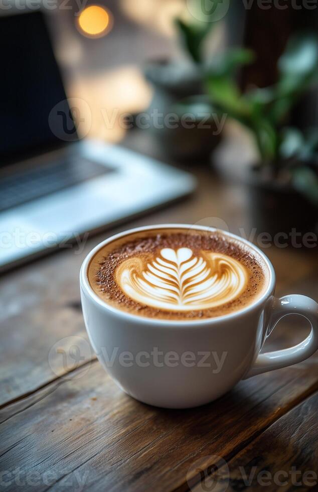 Cappuccino cup next to a laptop on a wooden table in a cozy setting photo