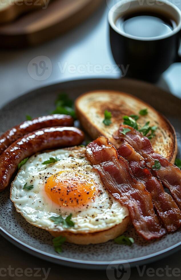 A plate of bacon, eggs, toast, and sausages, served together for a hearty breakfast photo