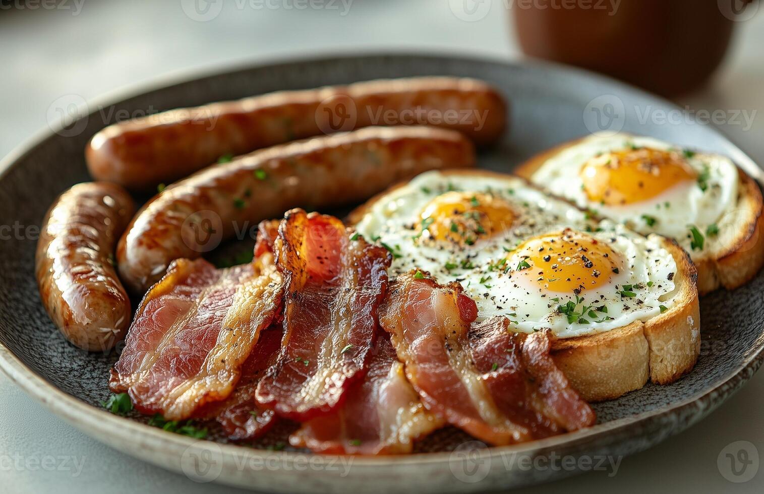 A plate of bacon, eggs, toast, and sausages, served together for a hearty breakfast photo
