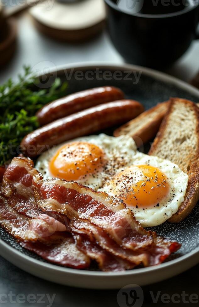 A plate of bacon, eggs, toast, and sausages, served together for a hearty breakfast photo