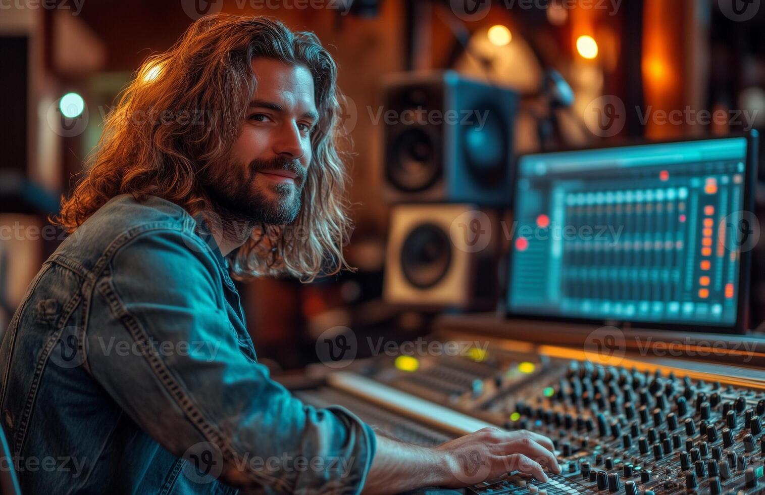 A man with long hair and a beard working at a studio mixing console, recording music photo