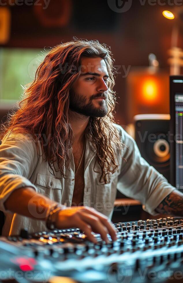 A man with long hair and a beard working at a studio mixing console, recording music photo