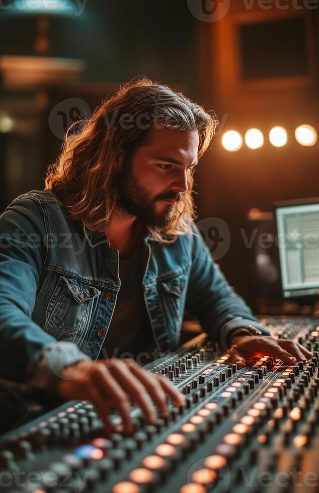 A man with long hair and a beard working at a studio mixing console, recording music photo