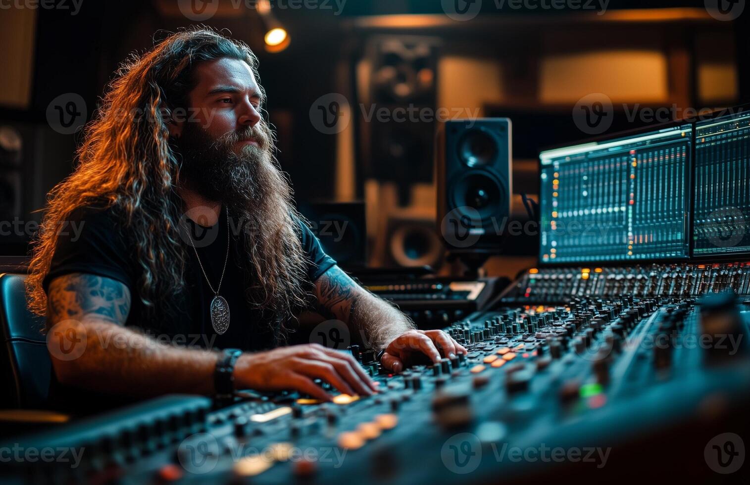 A man with long hair and a beard working at a studio mixing console, recording music photo