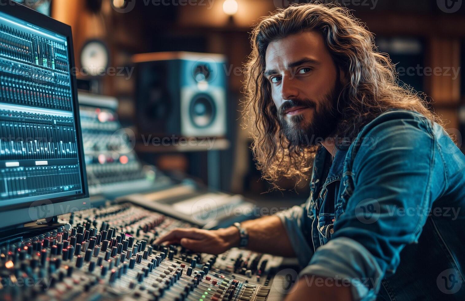 A man with long hair and a beard working at a studio mixing console, recording music photo