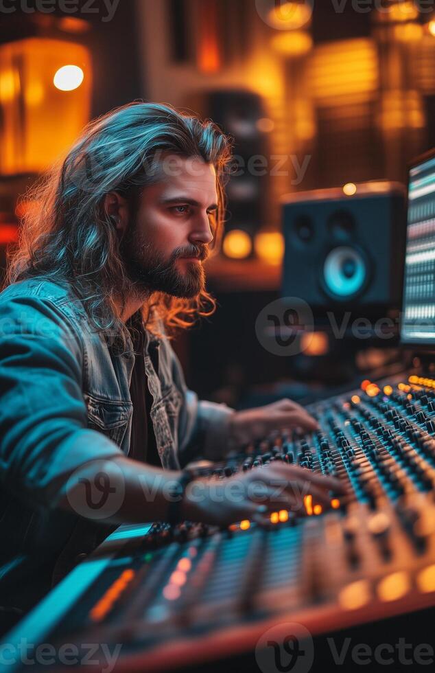 A man with long hair and a beard working at a studio mixing console, recording music photo