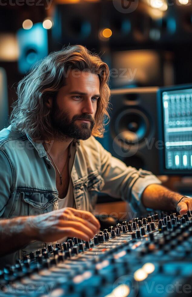 A man with long hair and a beard working at a studio mixing console, recording music photo
