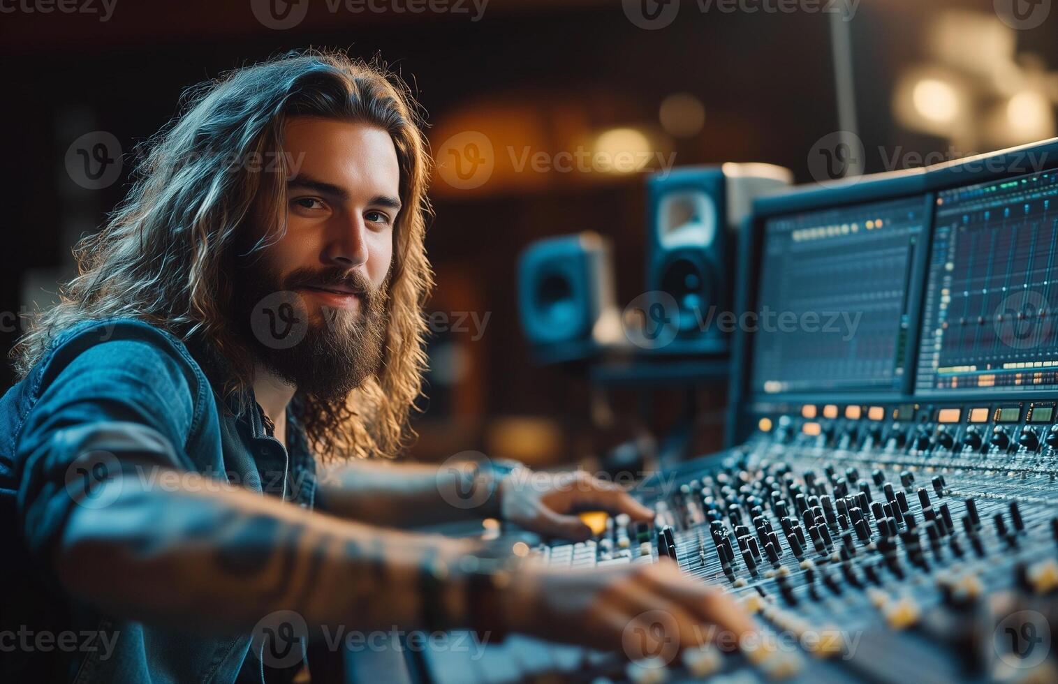 A man with long hair and a beard working at a studio mixing console, recording music photo