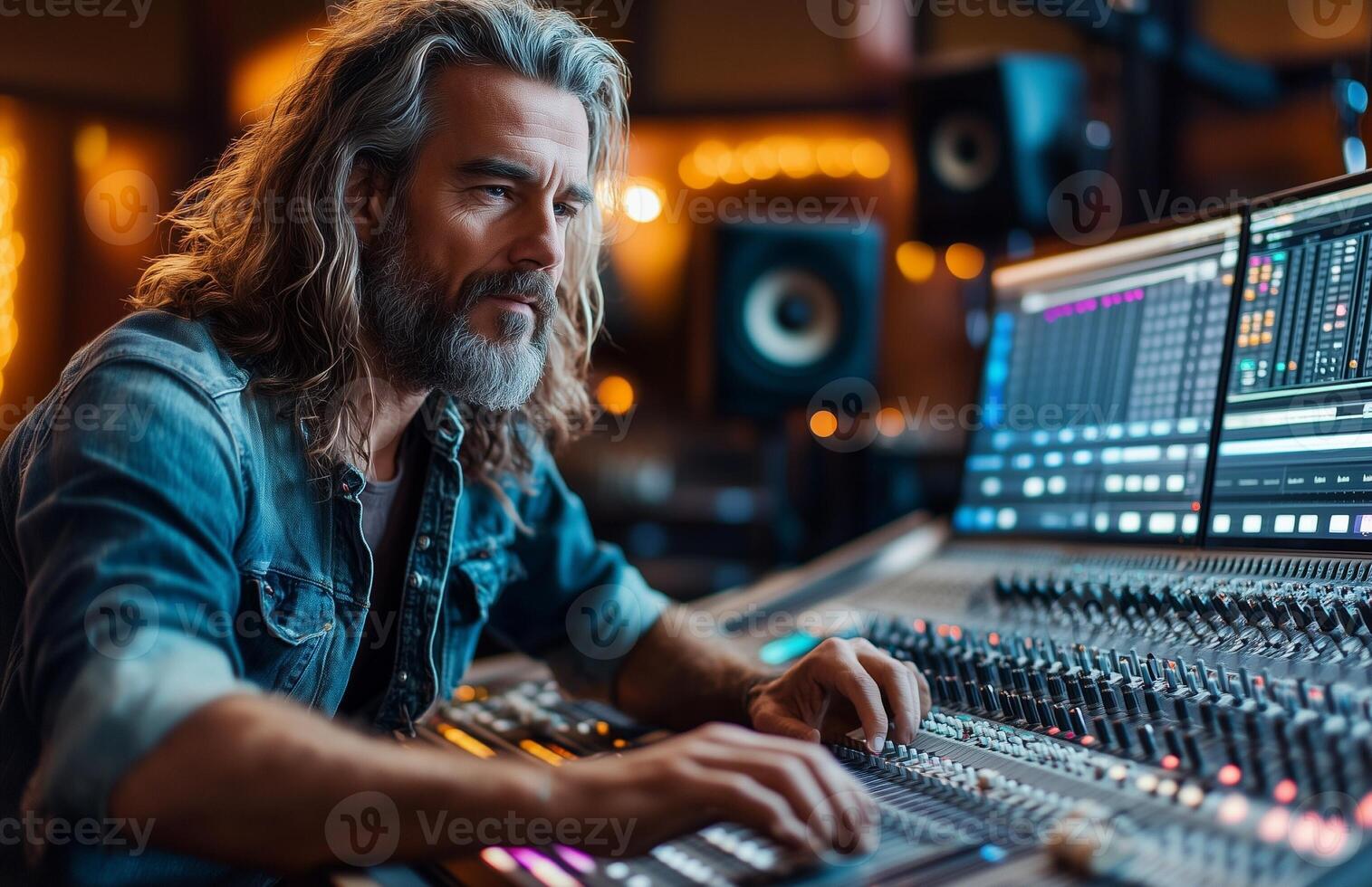 A man with long hair and a beard working at a studio mixing console, recording music photo
