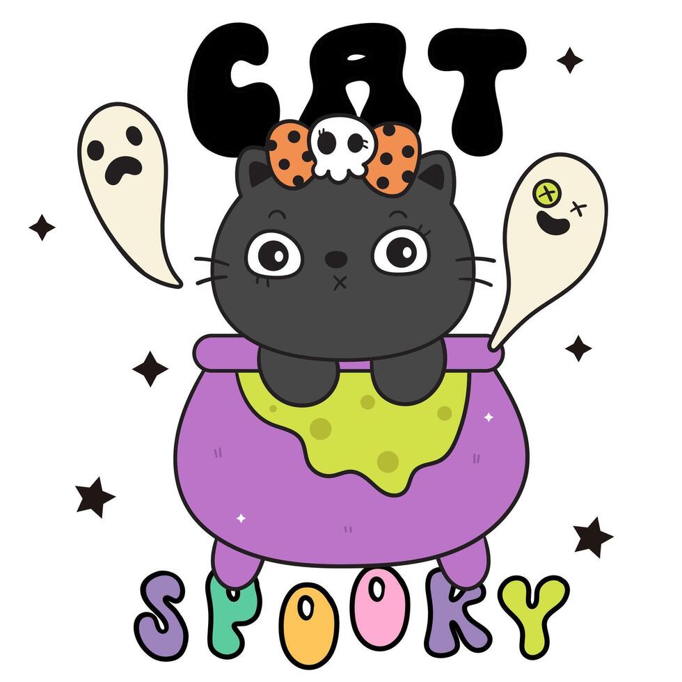 Black cat Halloween on magic pot with ghost kitten playing vector