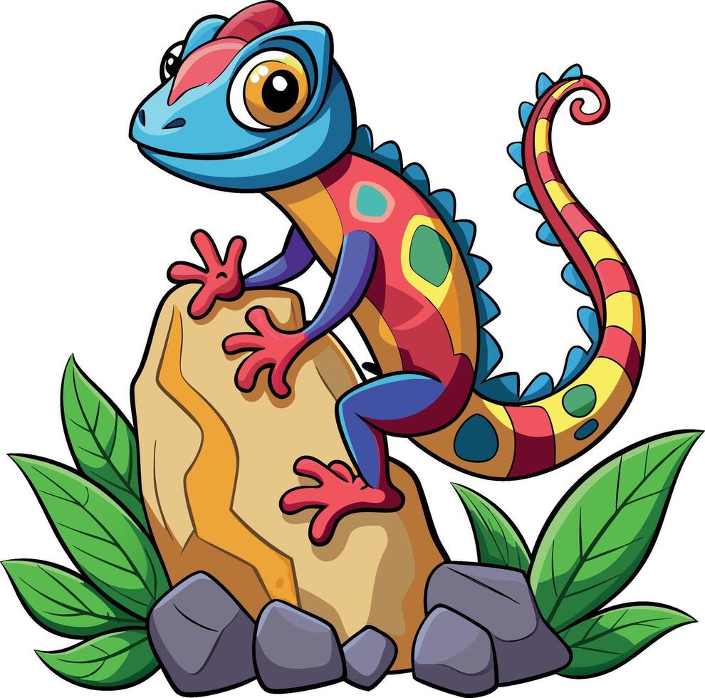 A colorful lizard climbing up a rock children style white background vector