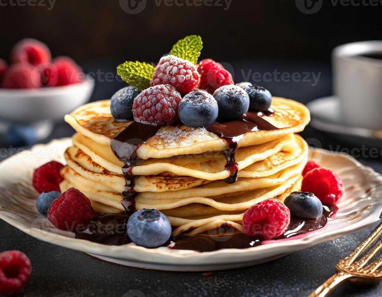 Crepes stacked with blueberries and raspberries, served with a chocolate spread photo