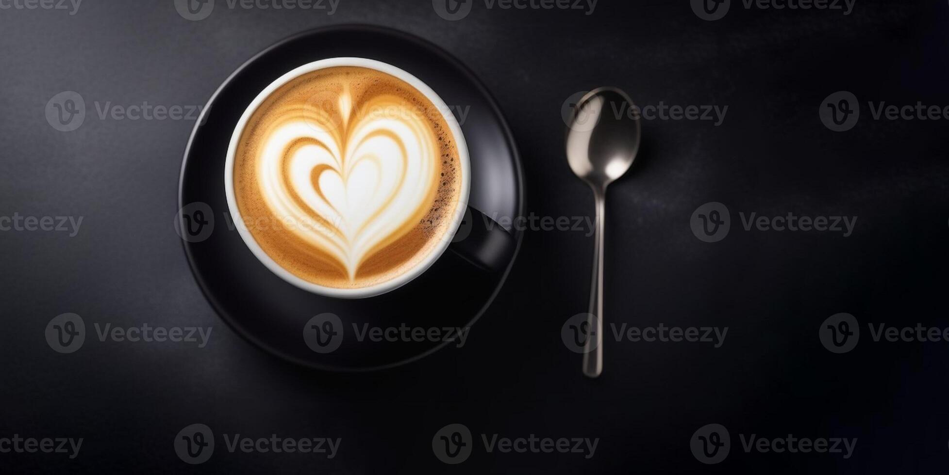 The cup of latte coffee with heart shaped latte art on dark background photo