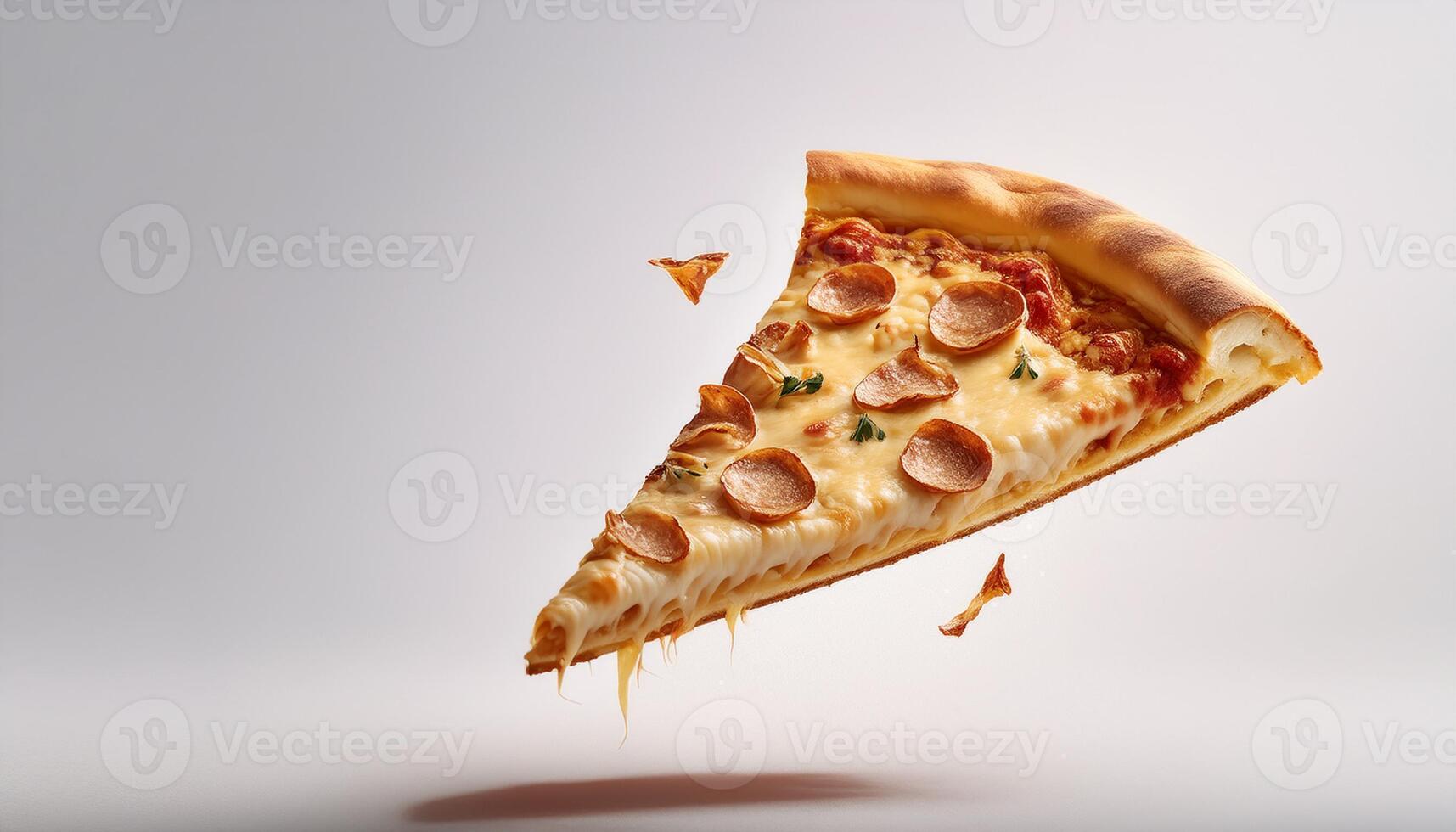 Template with delicious tasty slice of pizza flying on white background. photo