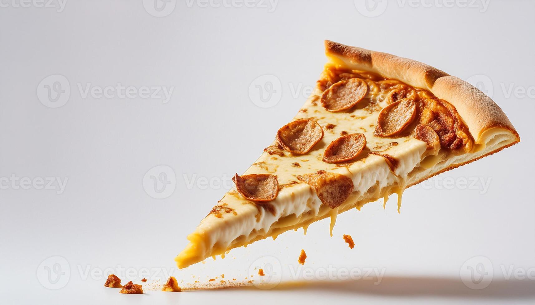 Template with delicious tasty slice of pizza flying on white background. photo