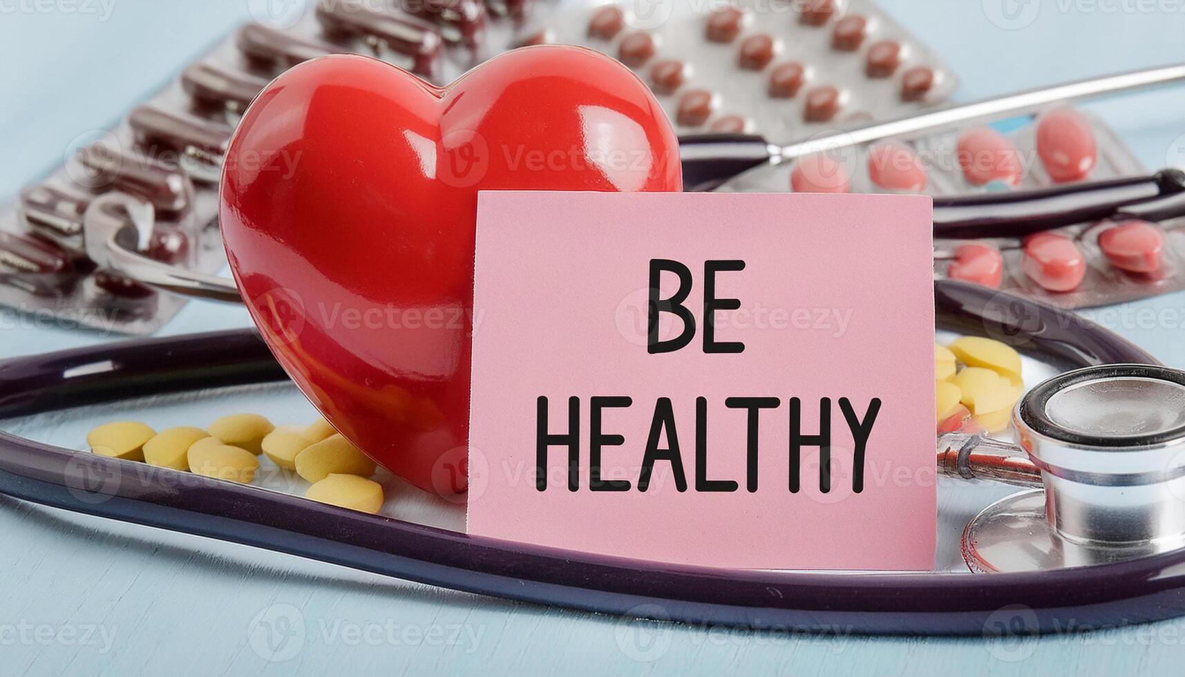 Be healthy- advice on pink sticky note near stethoscope and tablets photo