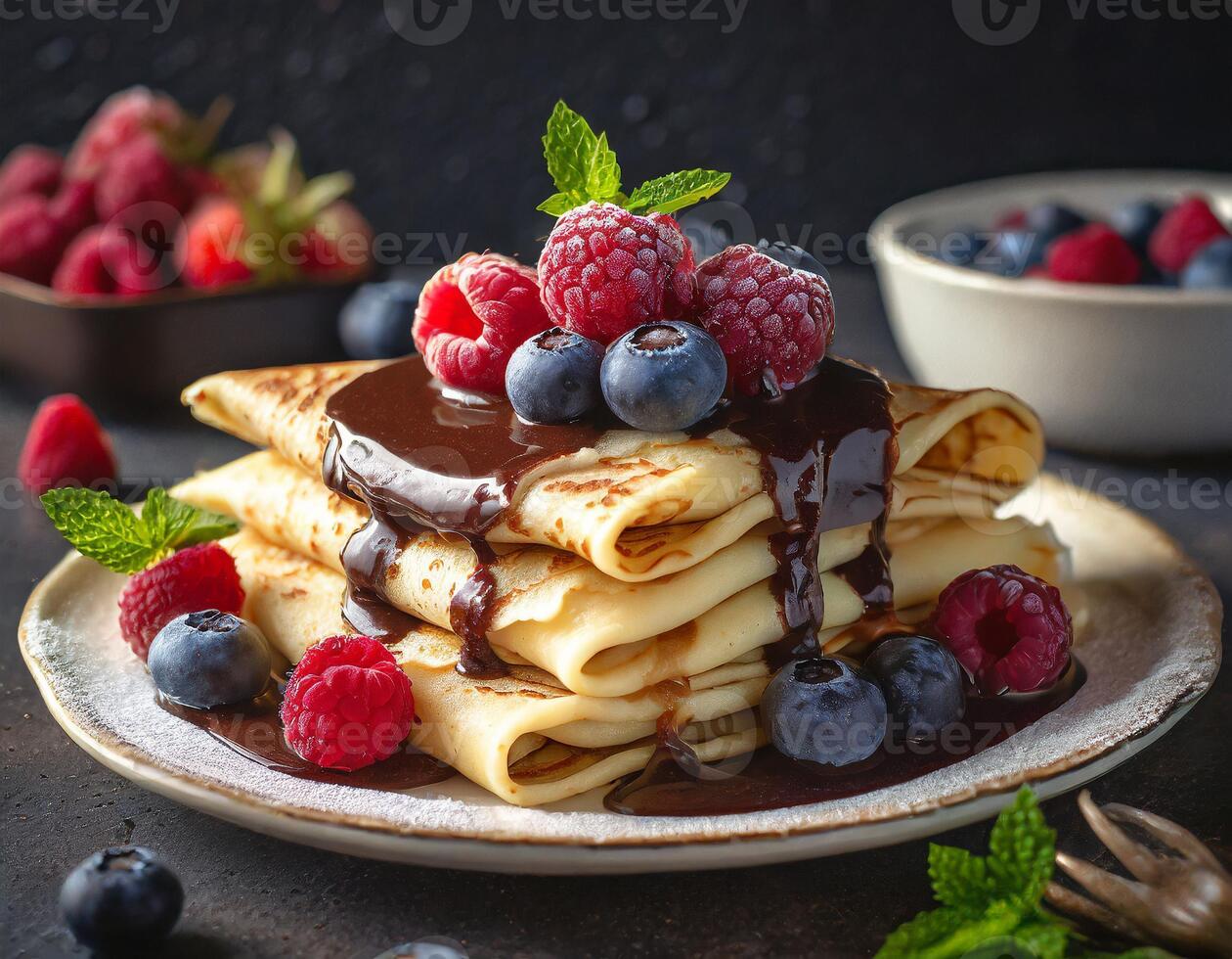 Crepes stacked with blueberries and raspberries, served with a chocolate spread photo