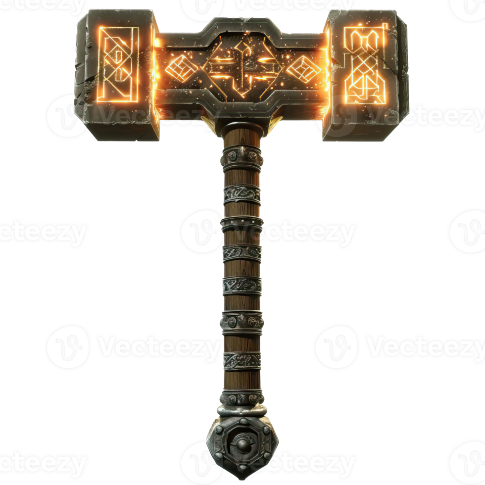 Ornate Metal Hammer with Glowing Runes and Wooden Handle png