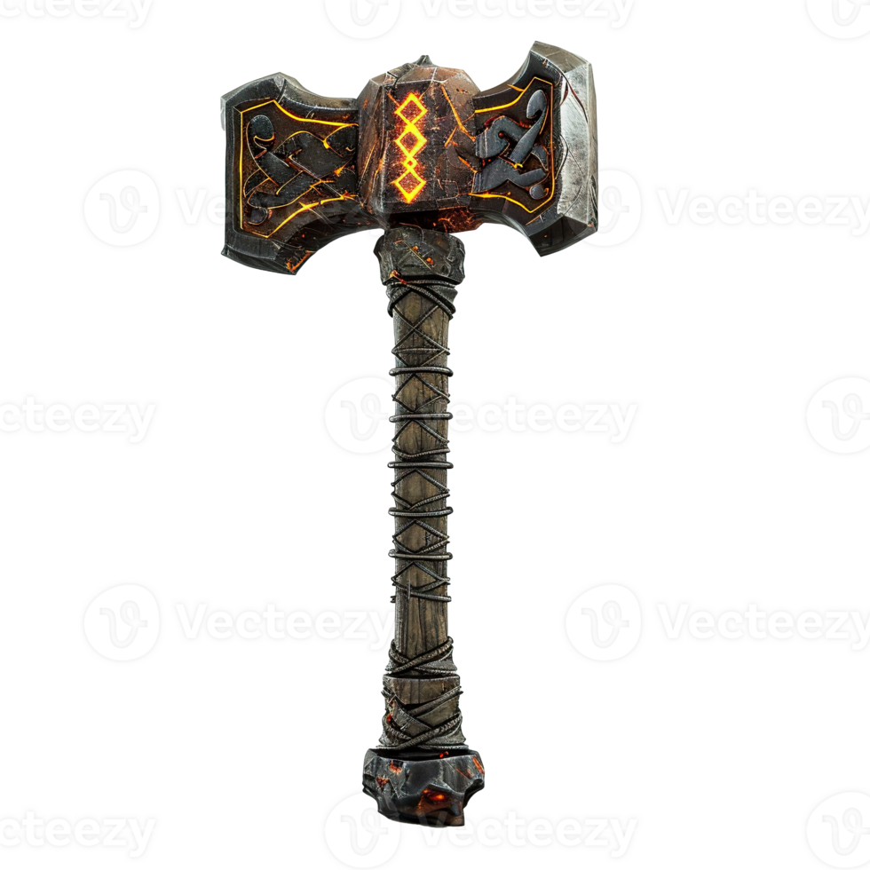Fiery War Hammer with Ornate Wooden Handle and Embellishments png