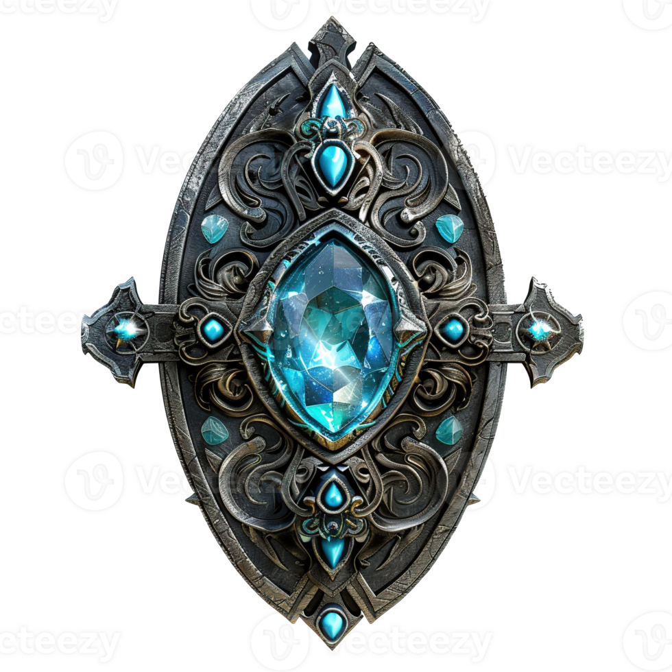 Ornate Metal Emblem with a Large Blue Gemstone png