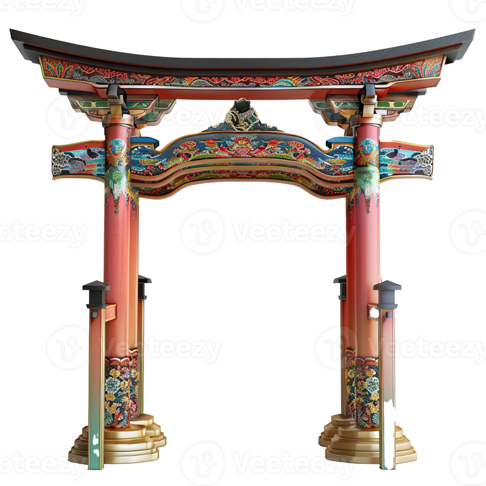 Ornate Japanese Torii Gate with Intricate Floral Designs png