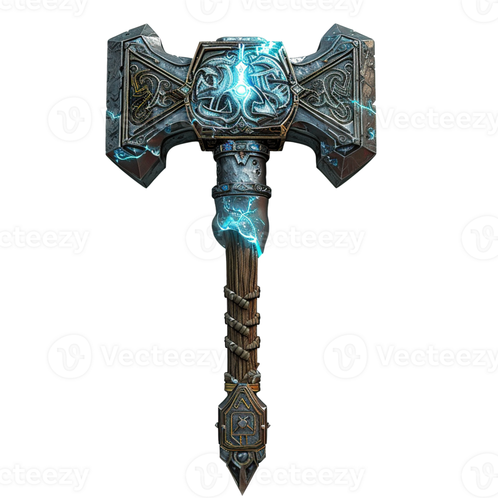Ornate Enchanted Hammer with Blue Lightning Effects png