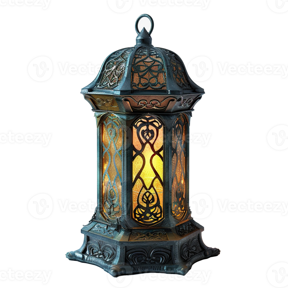 Ornate Metal Lantern with Intricate Glass Panels and Warm Glow png
