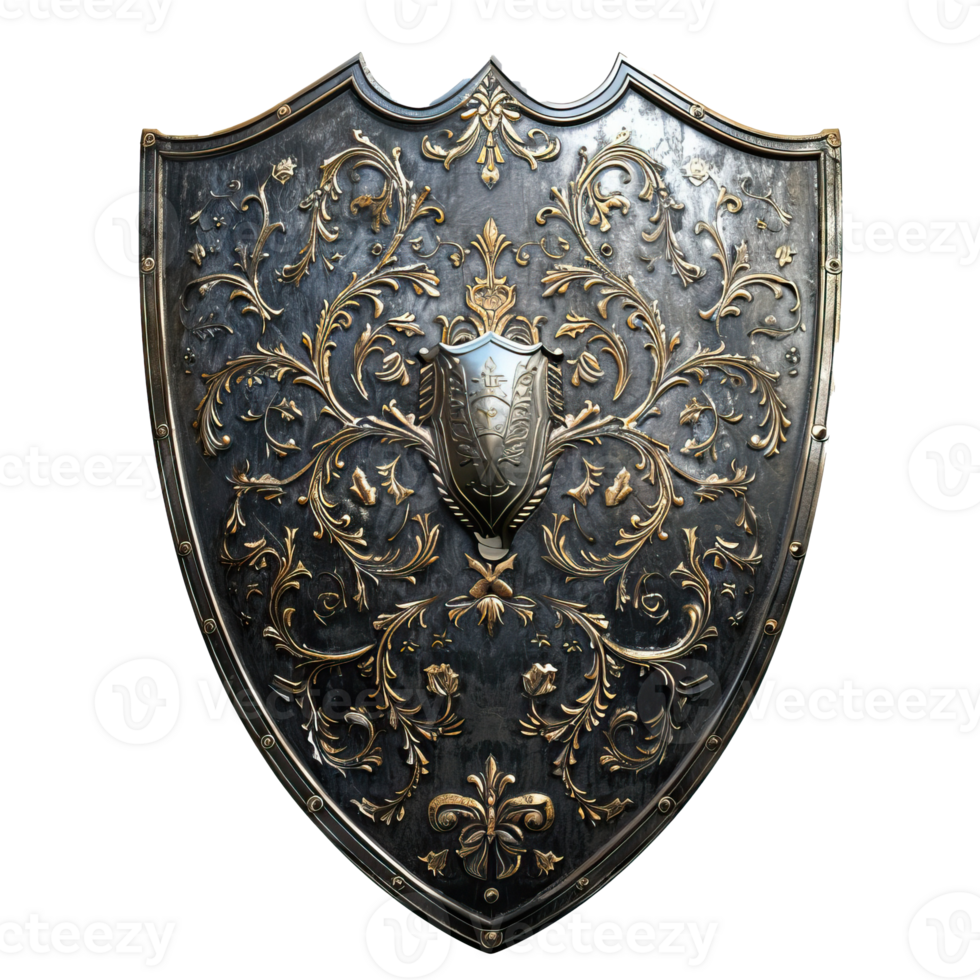 Ornate Medieval Shield with Gold Filigree Design png