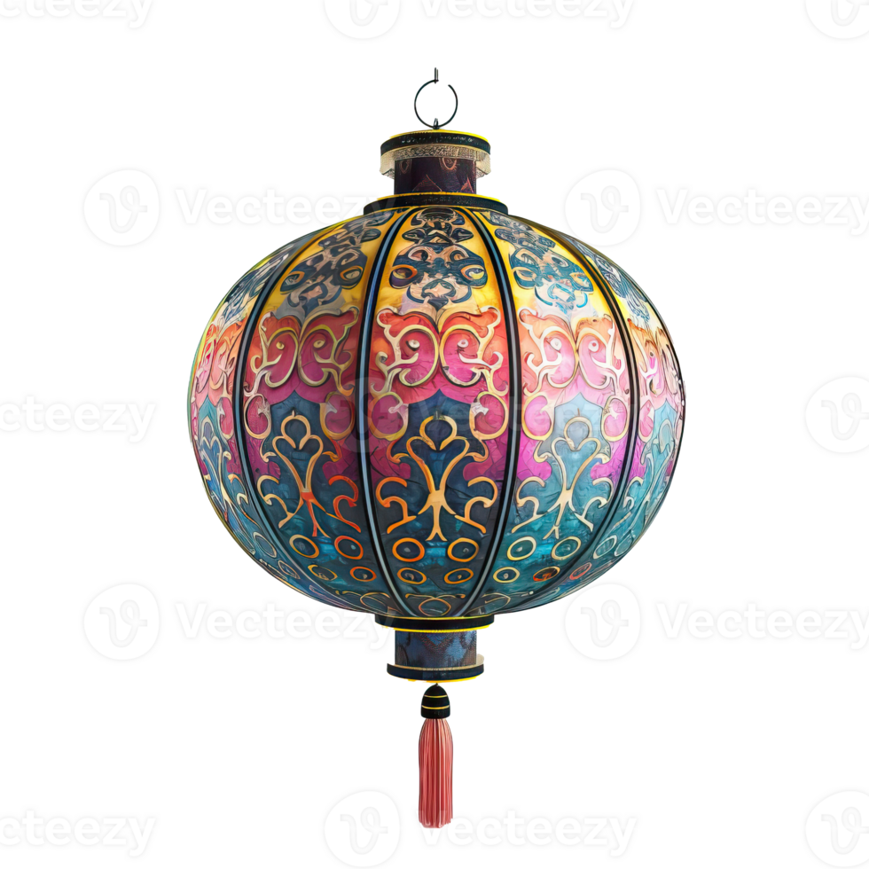 Ornate Chinese Lantern with Intricate Designs and a Red Tassel png