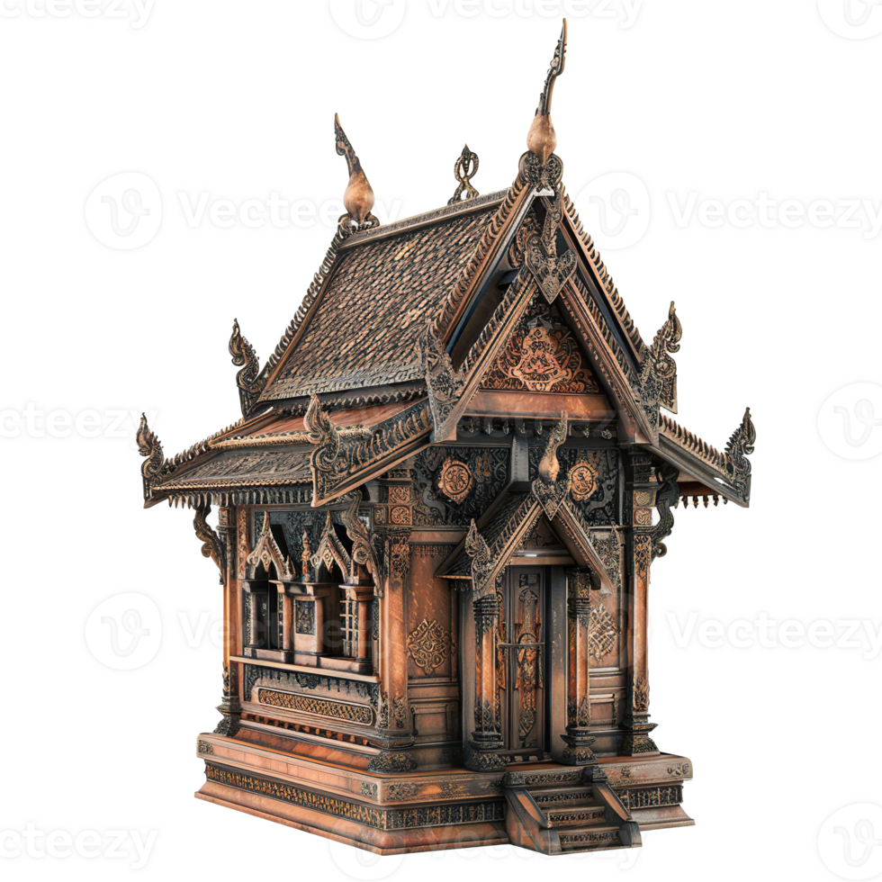 Intricately Carved Wooden Shrine with Gabled Roof and Ornate Details png